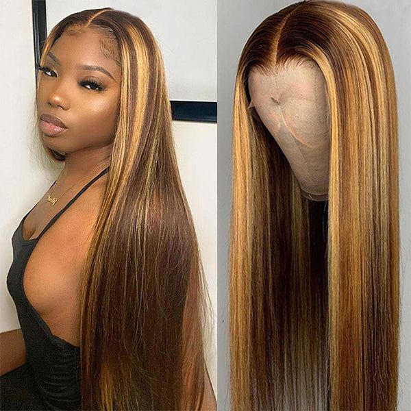 13X6 LACE FRONTAL WIG SILKY STRAIGHT HIGHLIGHT CAMBODIAN HUMAN HAIR