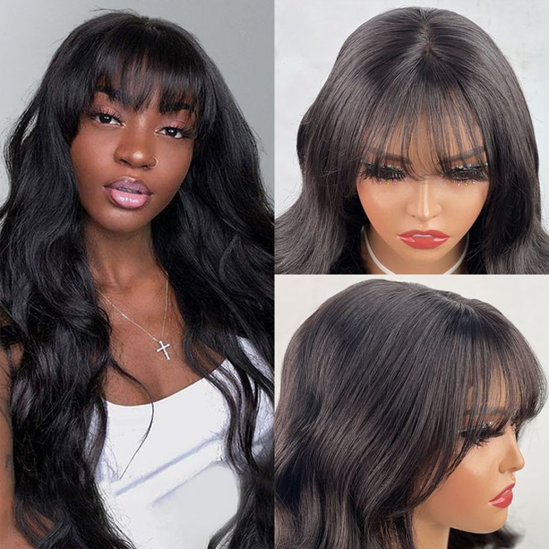 LACE FRONTAL WIG WITH BANG BODY WAVE NATURAL COLOR BRAZILIAN HUMAN HAIR