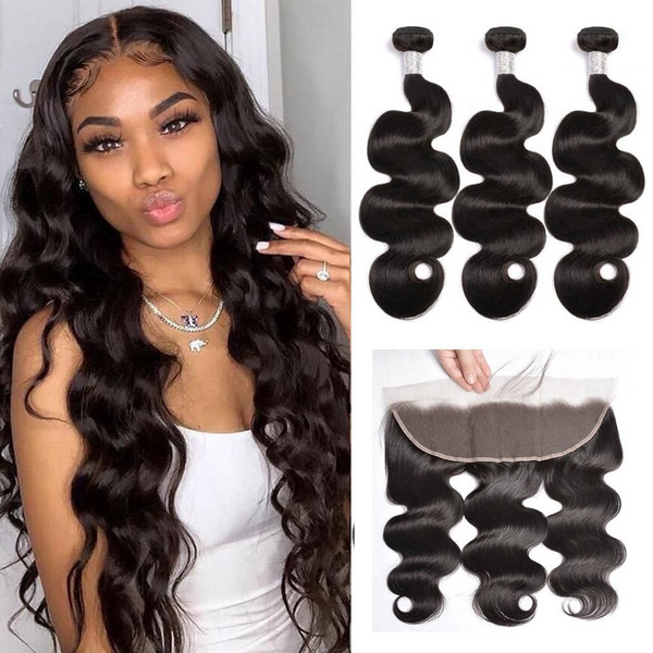 3PCS BODY WAVE BUNDLES WITH A FRONTAL NATURAL COLOR BURMESE HUMAN HAIR