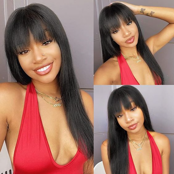 LACE FRONTAL WIG WITH BANG SILKY STRAIGHT NATURAL COLOR BRAZILIAN HUMAN HAIR