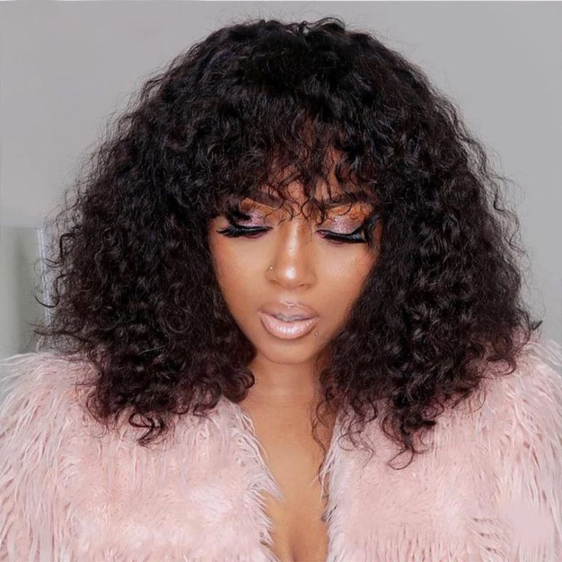 BOB LACE FRONTAL WIG WITH BANG CURLY NATURAL COLOR BRAZILIAN HUMAN HAIR