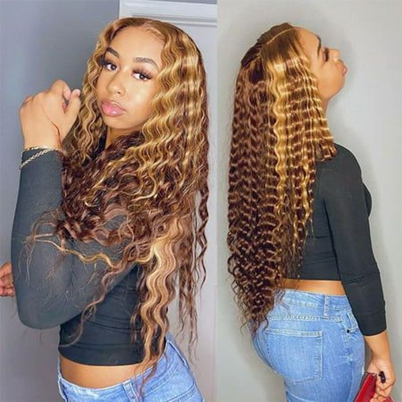 13X6 LACE FRONTAL WIG SILKY DEEP WAVE HIGHLIGHT BRAZILIAN HUMAN HAIR