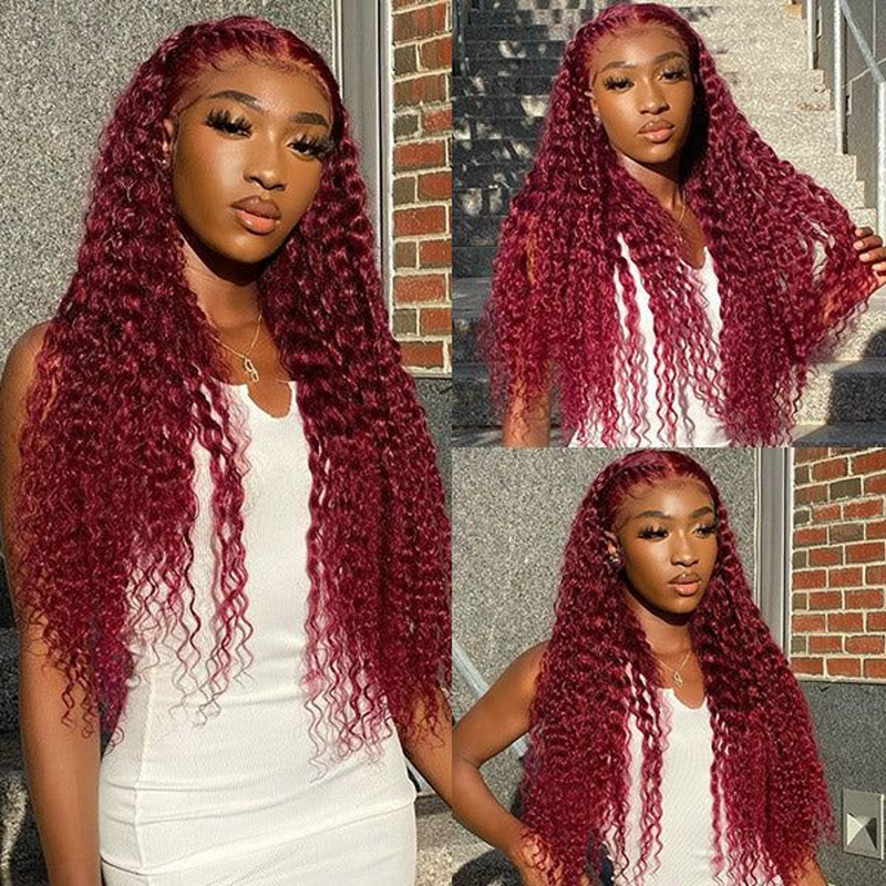 13X4 13X6 HD LACE FRONTAL WIG CURLY #99J BURMESE HUMAN HAIR