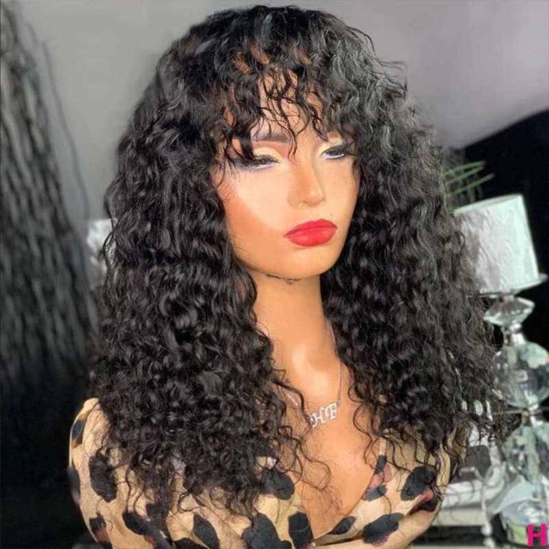 BOB LACE FRONTAL WIG WITH BANG CURLY NATURAL COLOR BRAZILIAN HUMAN HAIR