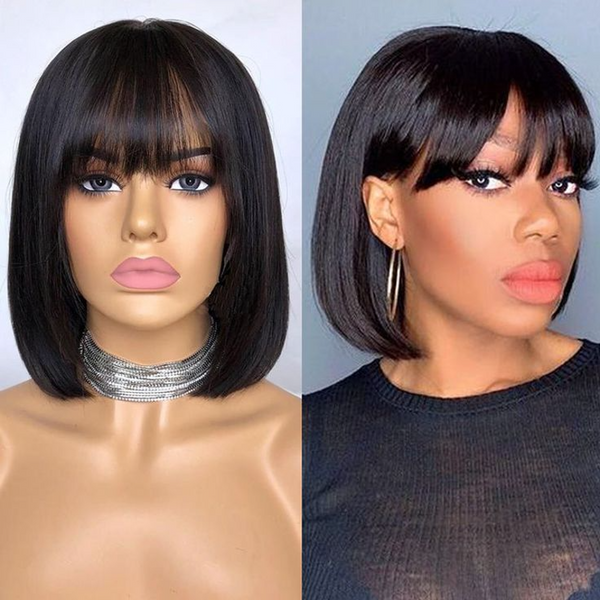 BOB LACE FRONTAL WIG WITH BANG SILKY STRAIGHT NATURAL COLOR BRAZILIAN HUMAN HAIR