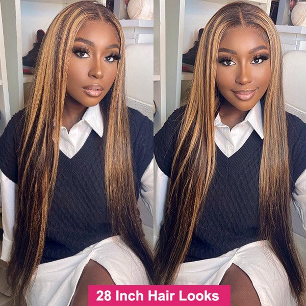 13X6 LACE FRONTAL WIG SILKY STRAIGHT HIGHLIGHT CAMBODIAN HUMAN HAIR