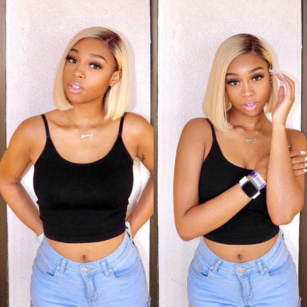 BOB LACE FRONTAL WIG SILKY STRAIGHT OMBRE #1B/#613 BRAZILIAN HUMAN HAIR