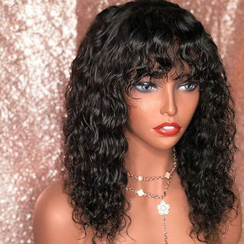 BOB LACE FRONTAL WIG WITH BANG CURLY NATURAL COLOR BRAZILIAN HUMAN HAIR