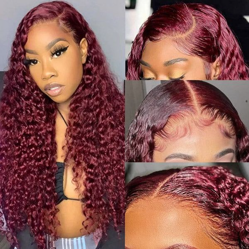 13X4 13X6 HD LACE FRONTAL WIG CURLY #99J BURMESE HUMAN HAIR