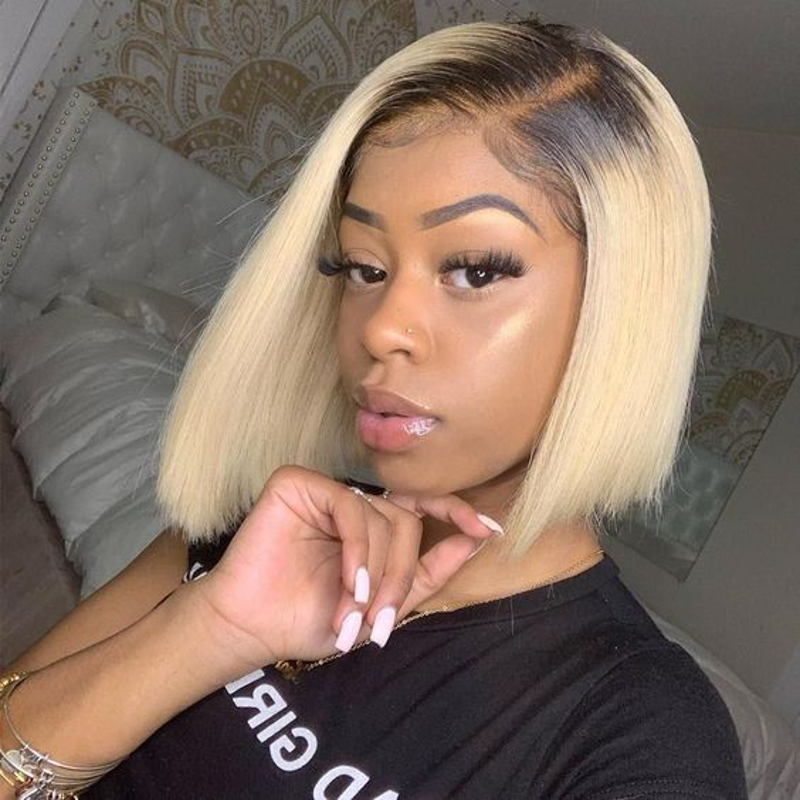 BOB LACE FRONTAL WIG SILKY STRAIGHT OMBRE #1B/#613 BRAZILIAN HUMAN HAIR