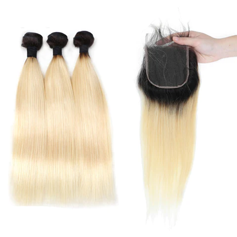 3PCS STRAIGHT BUNDLES WITH A CLOSURE OMBRE #1B/#613 BURMESE HUMAN HAIR