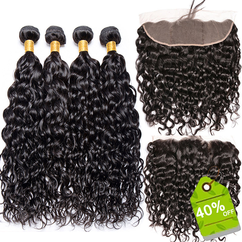 Human Hair Water Wave Bundles With Lace Frontal Closure Brazilian Hair 3 Bundles Deal With 13x4 Frontal Remy Human Hair Weave