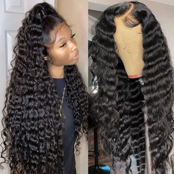 4X4 LACE CLSOURE WIG DEEP WAVE NATURAL COLOR BRAZILIAN HUMAN HAIR