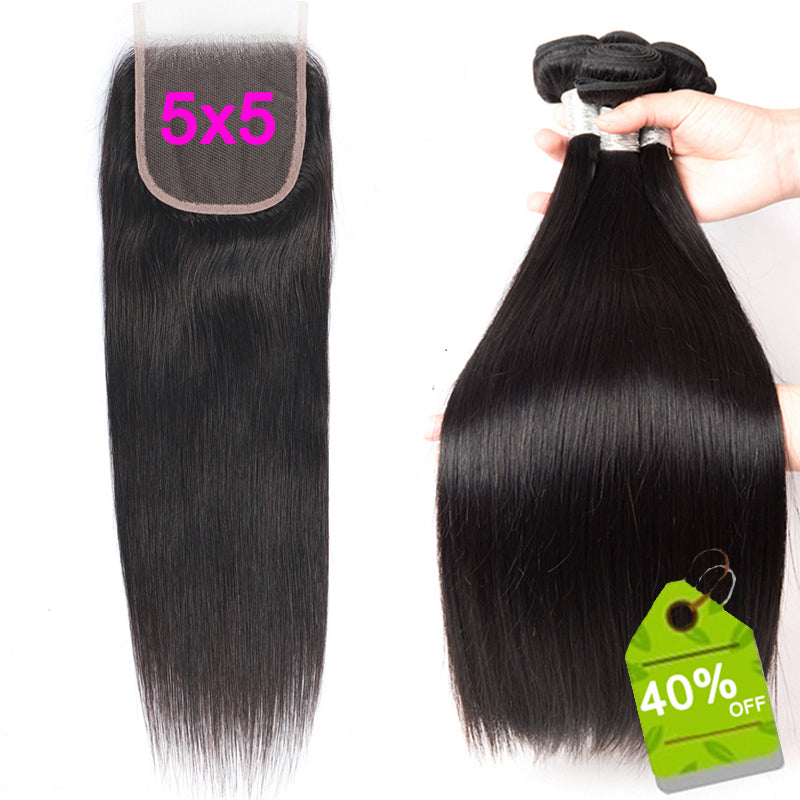 Transparent 5x5 Lace Closure Brazilian Straight Hair 100% Human Hair Bleached Knots Natural Hair Line Human Hair 150% density