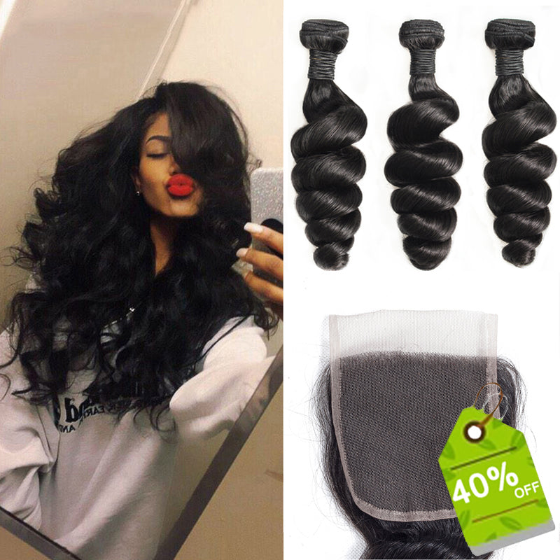 Brazilian Hair Weave Bundle With Closure Remy Human Hair 3 Bundles With Closures Loose Wave