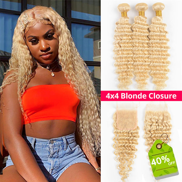 613 Bundles With Closure Brazilian Deep Wave Bundles With Closure 4x4 Free Part Human Hair Lace Closure Remy