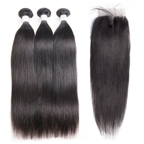 3PCS STRAIGHT BUNDLES WITH A CLOSURE NATURAL COLOR BURMESE HUMAN HAIR