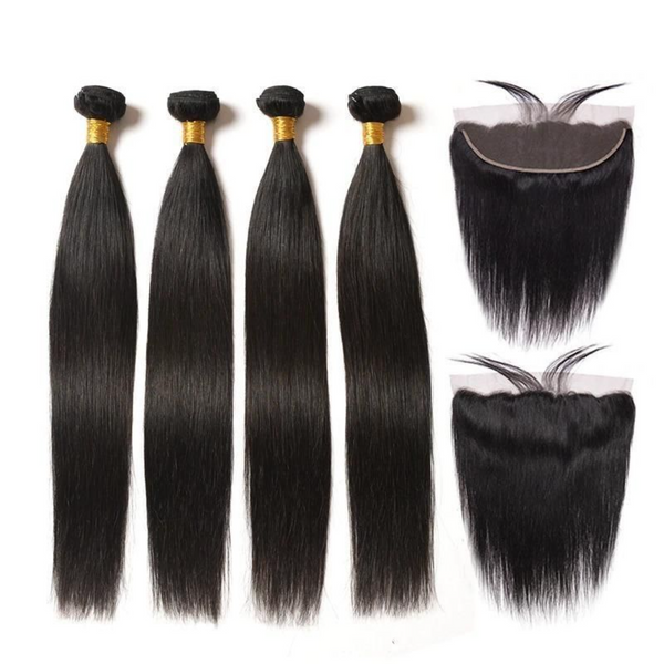 3PCS STRAIGHT BUNDLES WITH A FRONTAL NATURAL COLOR PERUVIAN HUMAN HAIR