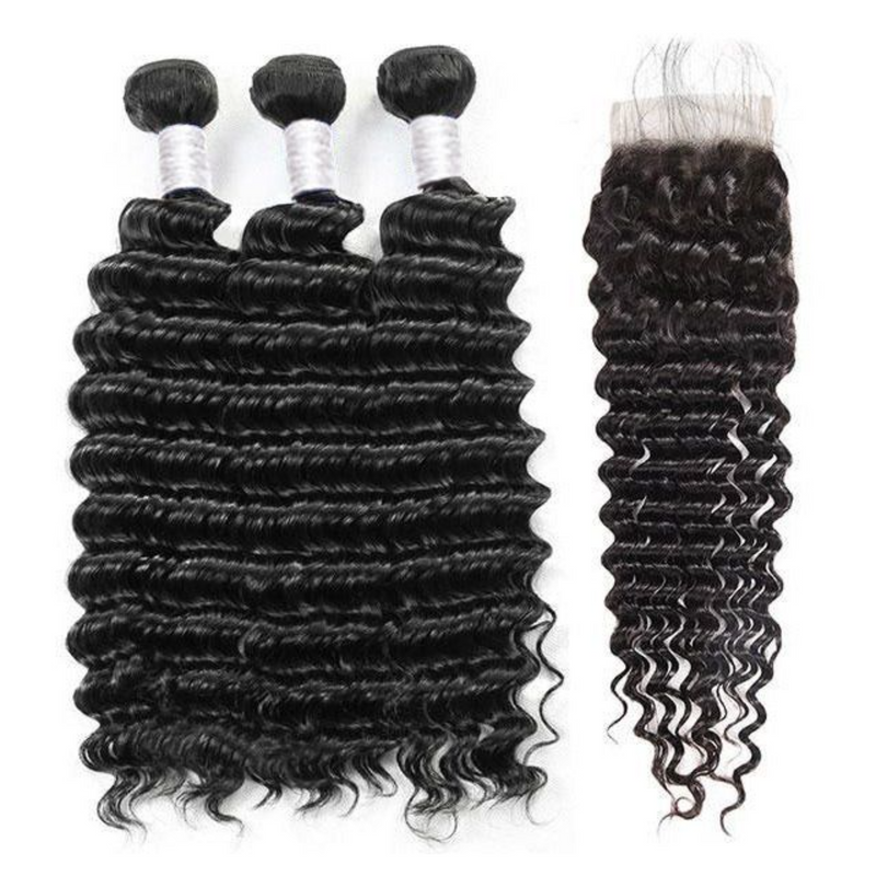 3PCS DEEP WAVE BUNDLES WITH A CLOSURE NATURAL COLOR BURMESE HUMAN HAIR