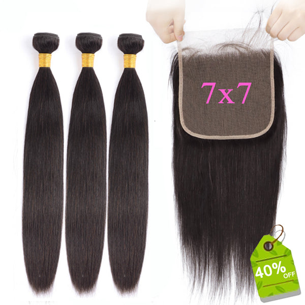  Straight Hair Bundles With 7x7 Lace Closure Remy Brazilian Human Hair Weave Bundles With Closure Hair Extension Transparent lace 150% density