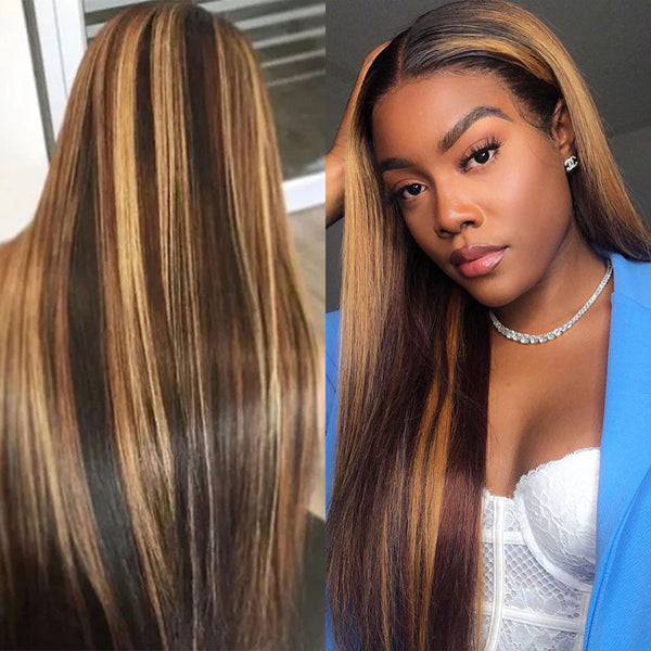 Straight Highlight Wig Piano Color 13x4 Lace Front Human Hair Wigs 4/27 Ombre Remy 150% 180% density  HD lace / Regular lace