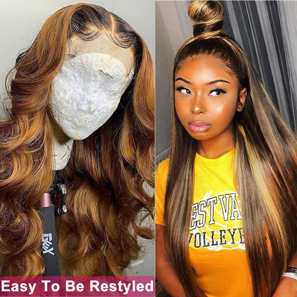 Straight Highlight Wig Piano Color 13x4 Lace Front Human Hair Wigs 4/27 Ombre Remy 150% 180% density  HD lace / Regular lace