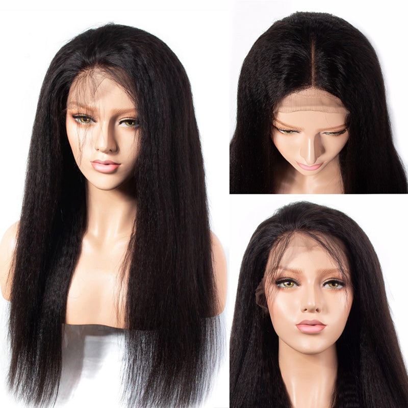 Kinky Straight Lace Front Human Hair Wigs Bleached Knots Brazilian Remy Hair Glueless 13*4 wig With Baby Hair 130% Density