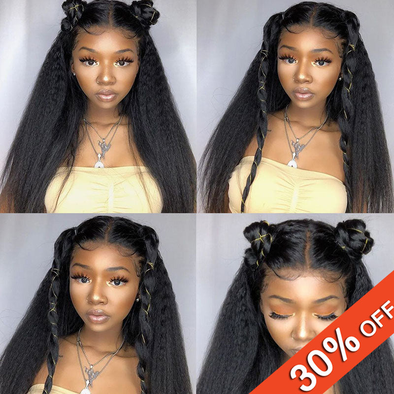 Kinky Straight Lace Front Human Hair Wigs Bleached Knots Brazilian Remy Hair Glueless 13*4 wig With Baby Hair 130% Density