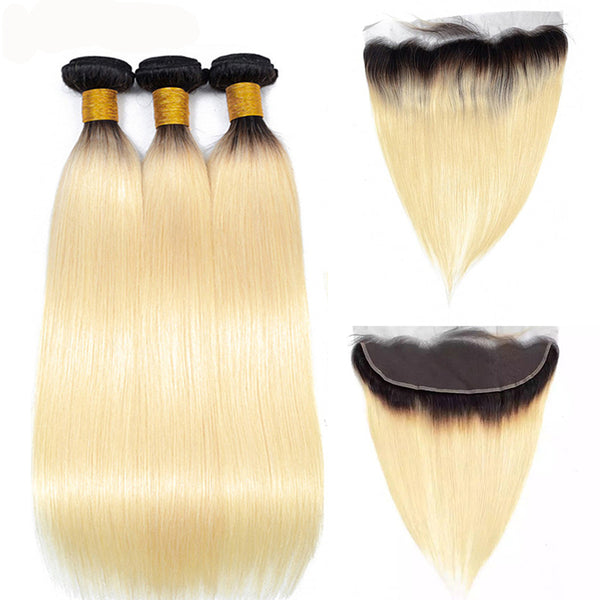 1B 613 Bundles With Frontal Brazilian Straight Weaves Human Hair 3 Bundles With Frontal Remy Hair Bundle With Frontal