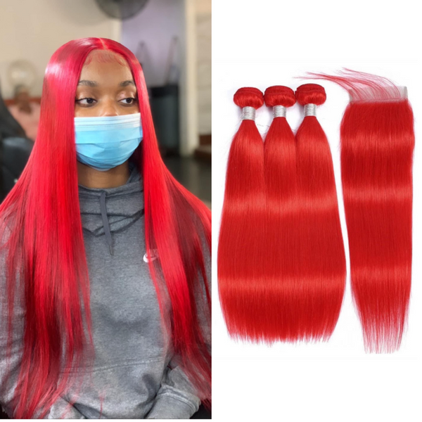 3PCS STRAIGHT BUNDLES WITH A CLOSURE RED PERUVIAN HUMAN HAIR