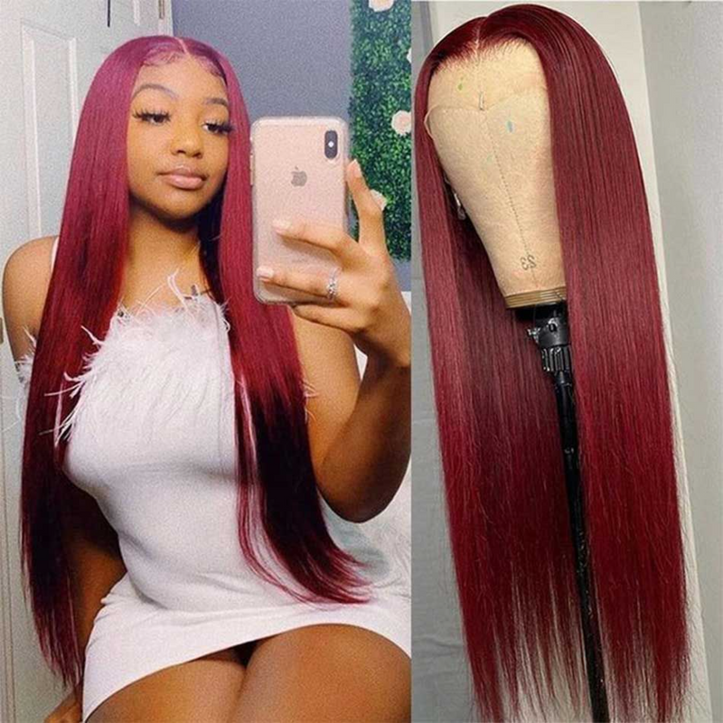 Burgundy Pre Plucked 13x4 Lace Frontal Human Hair Wigs With Baby Hair Straight Hair Brazilian Lace Wigs 150% 180% density