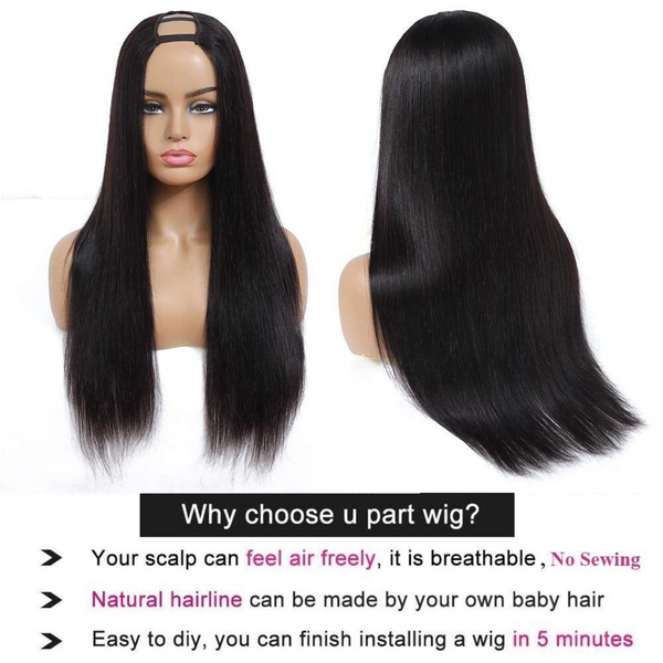 U-PART WIG SILKY STRAIGHT NATURAL COLOR HUMAN HAIR