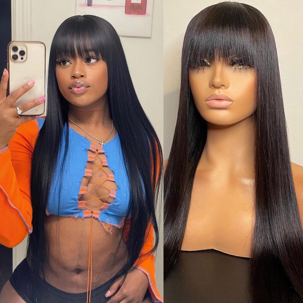 LACE FRONTAL WIG WITH BANG SILKY STRAIGHT NATURAL COLOR BRAZILIAN HUMAN HAIR