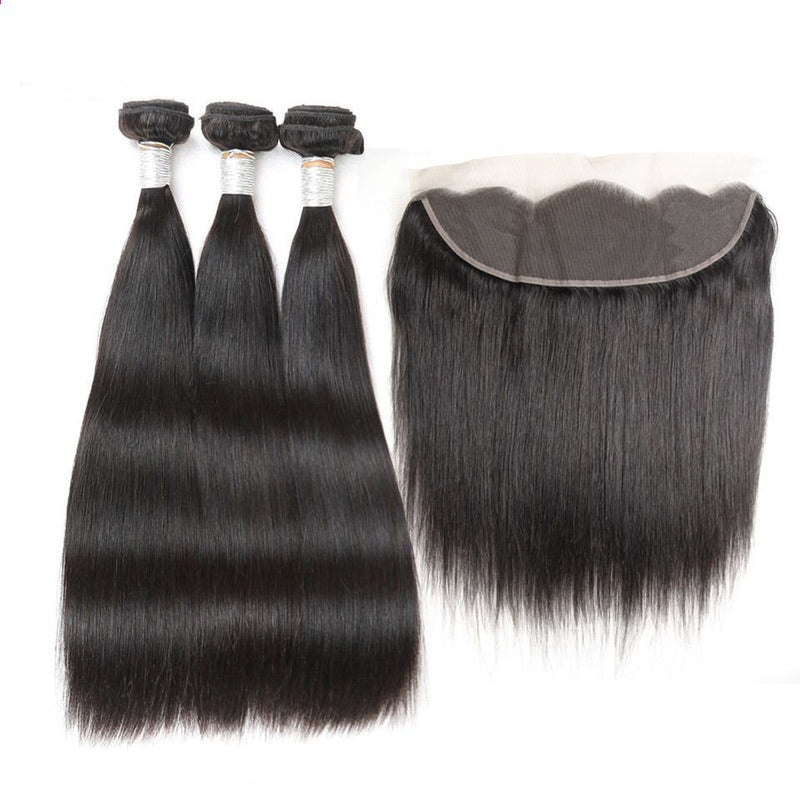 3PCS STRAIGHT BUNDLES WITH A FRONTAL NATURAL COLOR BURMESE HUMAN HAIR