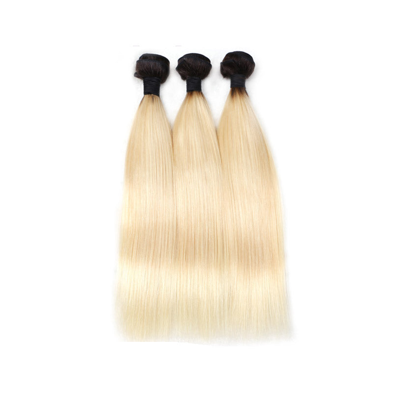  1B/613 Honey Blonde Brazilian Straight Remy Human Hair 3 Bundles with 4X4" Lace Closure,Blonde Ombre Bundles with Closure